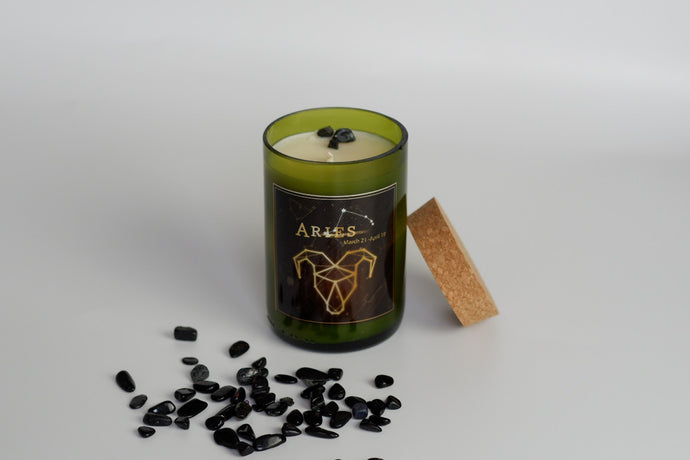 Aries. Handmade Zodiac Wine Candles with crystals. - Candleholic Shop