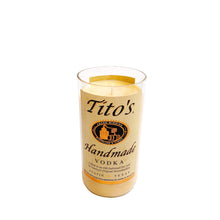 Load image into Gallery viewer, Eco-friendly Tito’s Bottle Candle, handcrafted from recycled glass liquor bottle.”